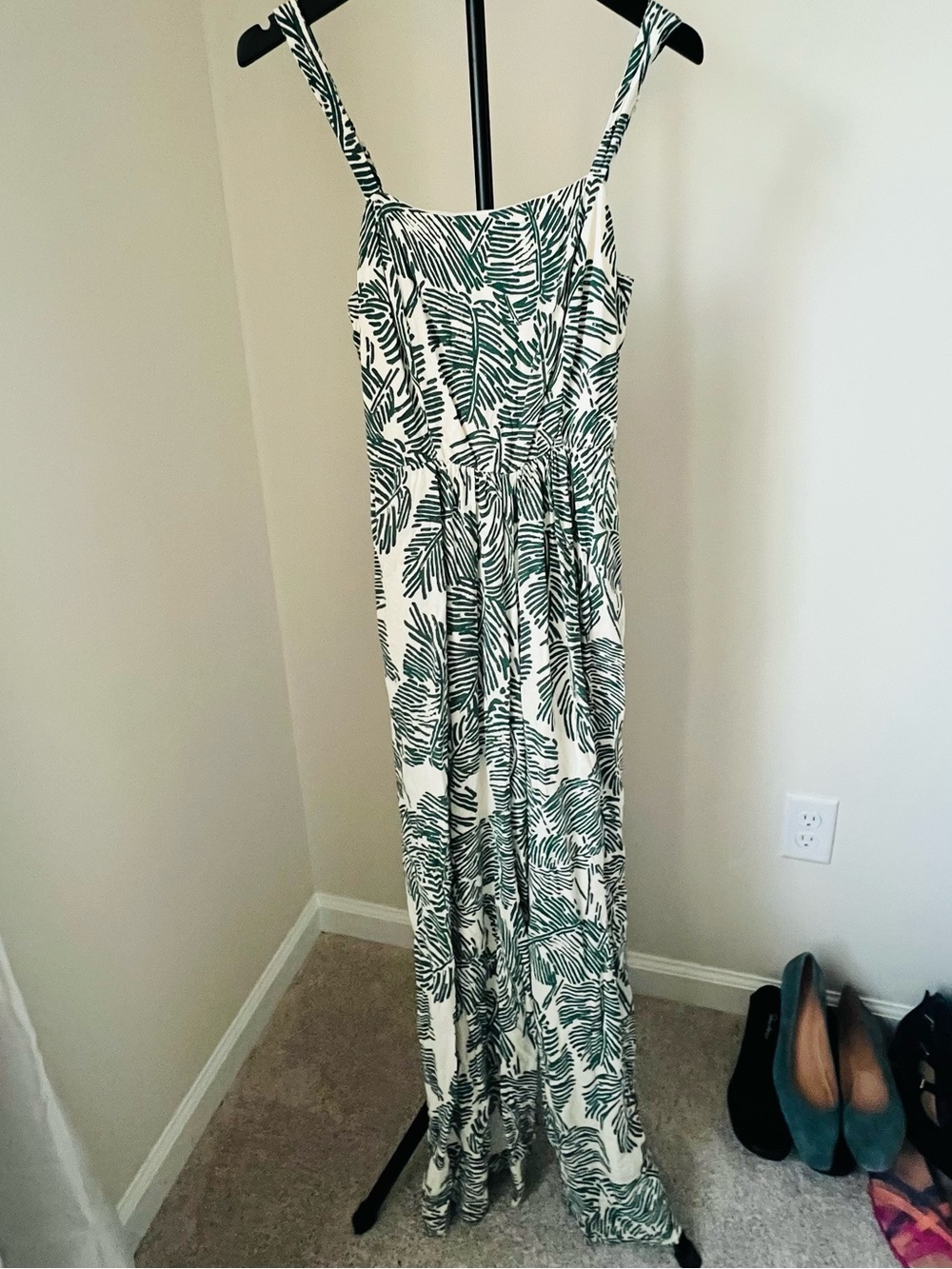 Luxology Cream Jumpsuit with Green Tropical Leaf Print - Picture 3 of 7